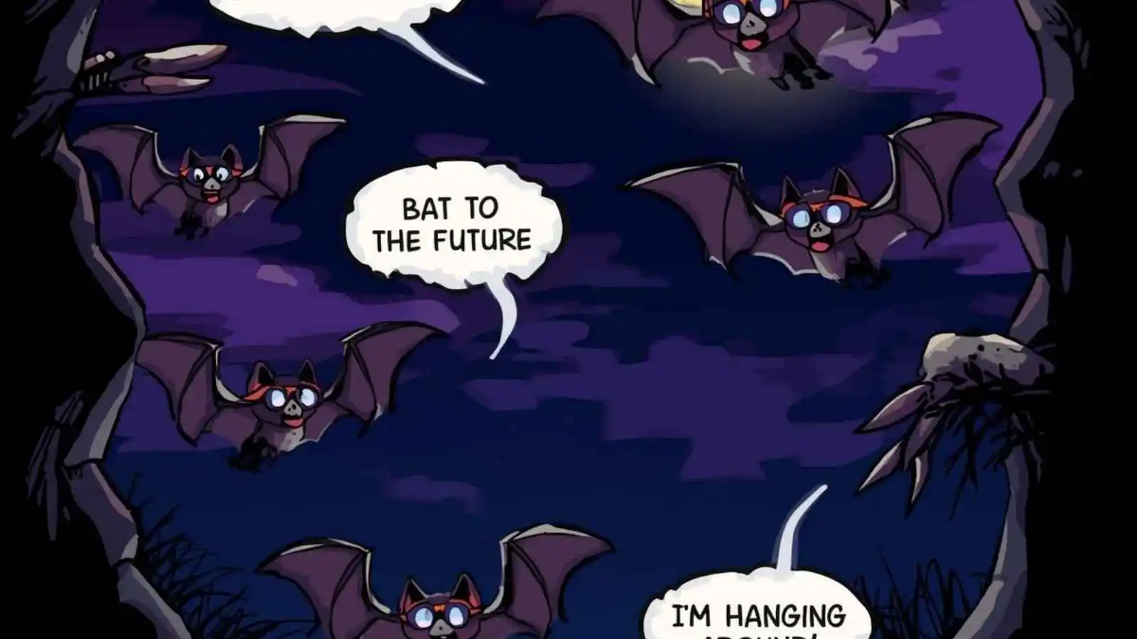 Bats flying under a full moon with hilarious original puns floating in speech bubbles.
