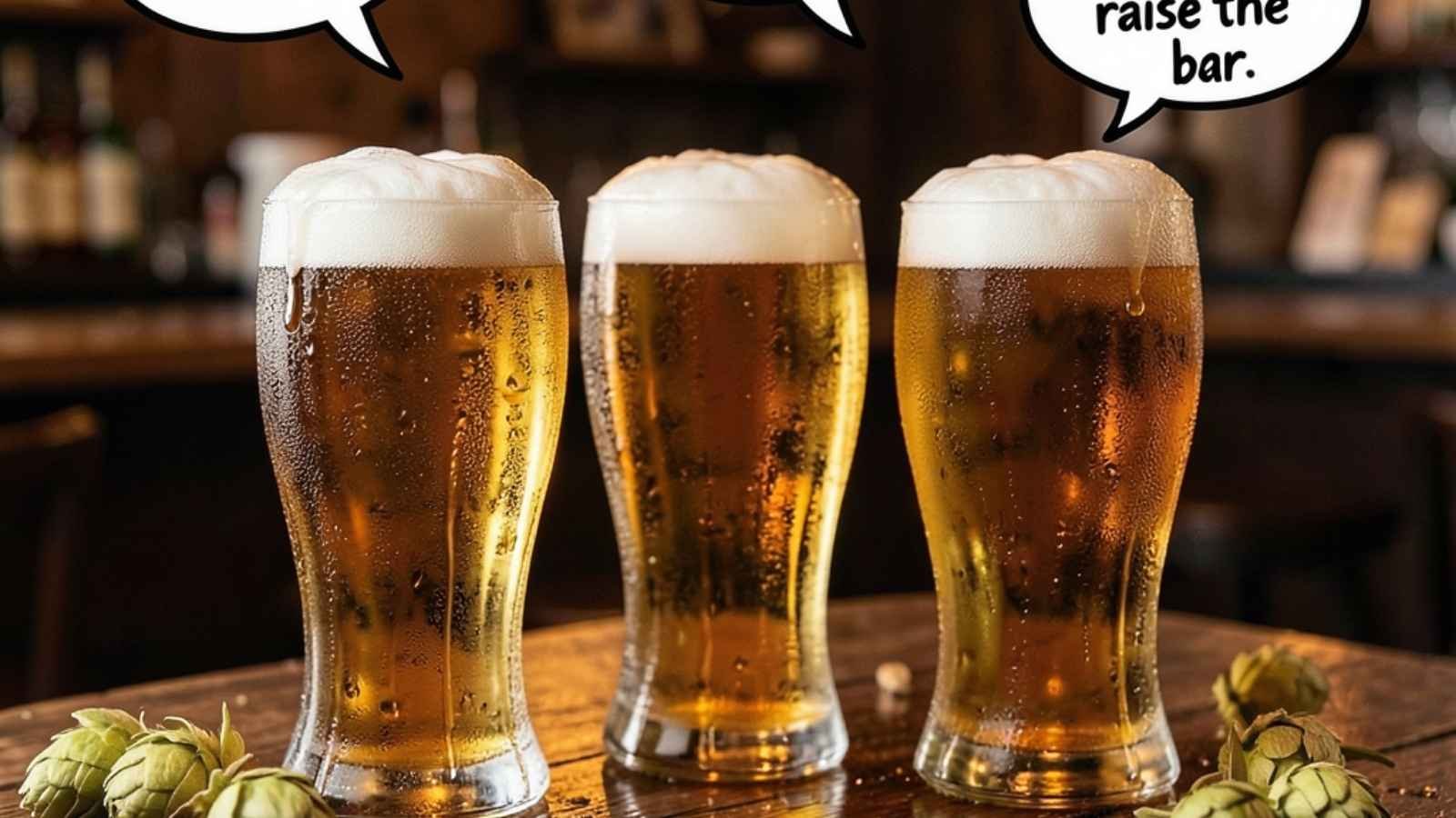 Frosty beer pints with hilarious original puns floating in speech bubbles.