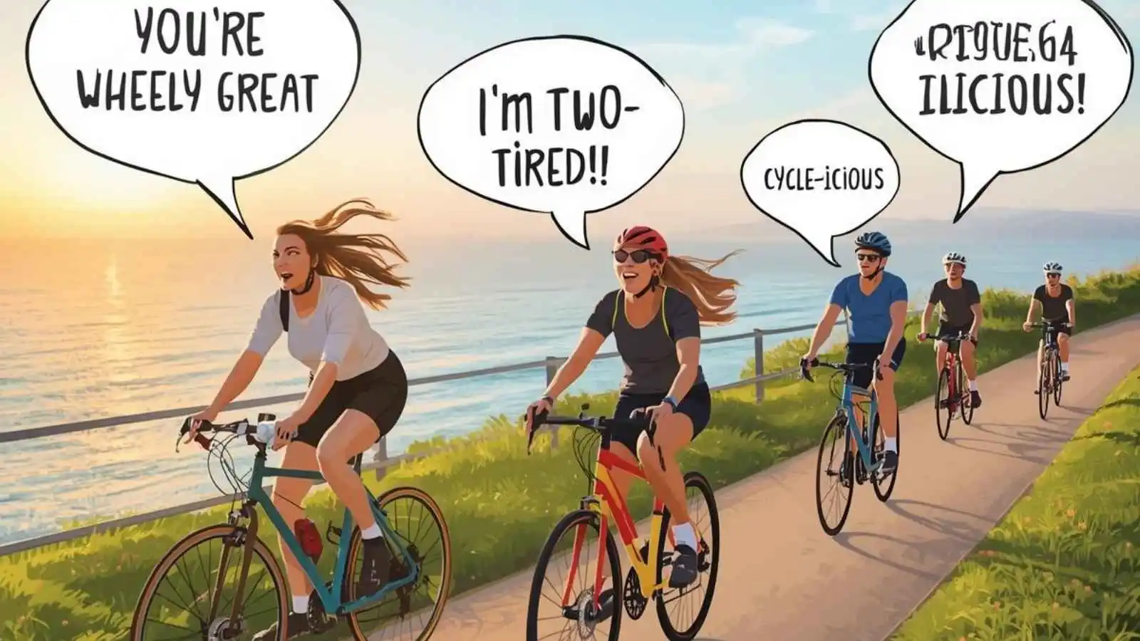Happy cyclists on a scenic ride with hilarious original bicycle puns floating in speech bubbles.