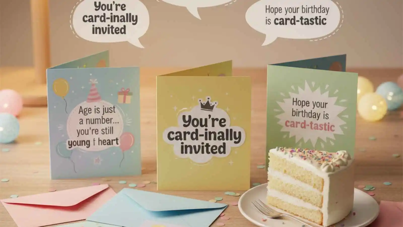Beautiful birthday cards spread out with hilarious original puns floating in speech bubbles.