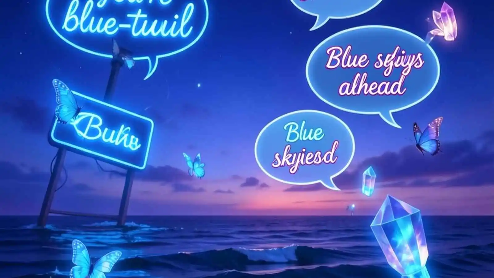Stunning blue twilight sky and ocean scene with hilarious original blue puns floating in speech bubbles.