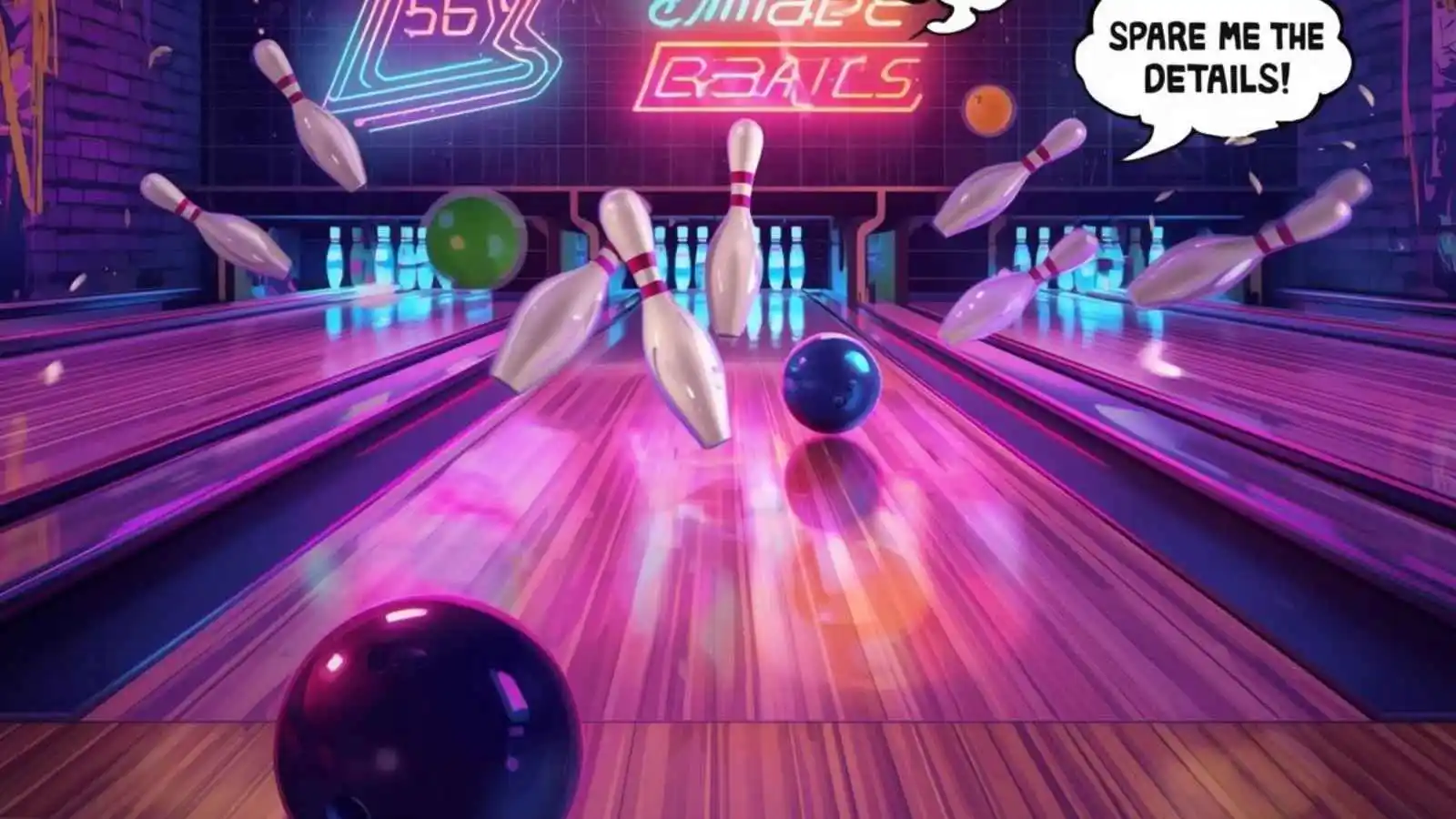 Bowling lane with flying pins and glowing balls + hilarious original puns floating in speech bubbles.