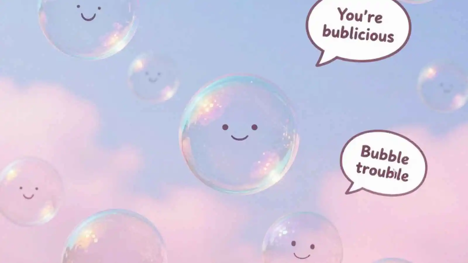 Cluster of rainbow soap bubbles floating with hilarious original puns floating inside some of them.
