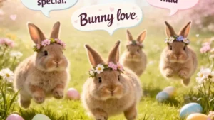 Cute fluffy bunnies hopping in a meadow with hilarious original puns floating in speech bubbles.