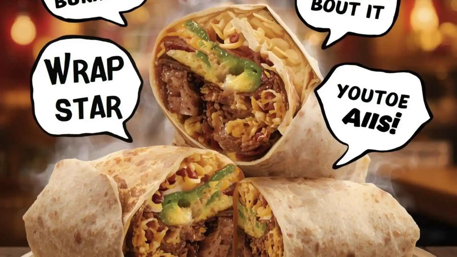 Juicy loaded burrito sliced open with hilarious original puns floating in speech bubbles.