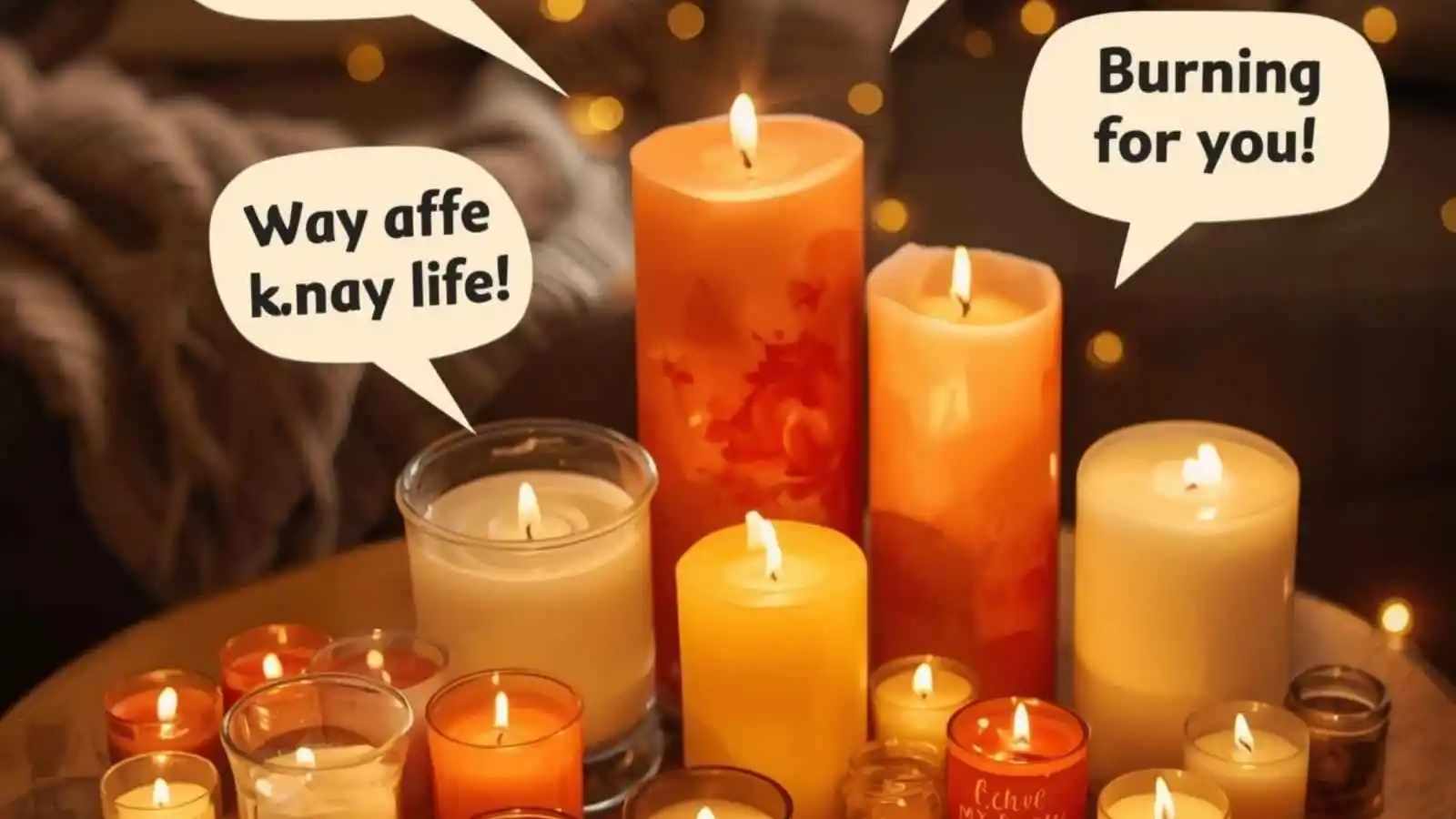 Cluster of glowing candles in different heights and colors with hilarious original puns floating in speech bubbles.