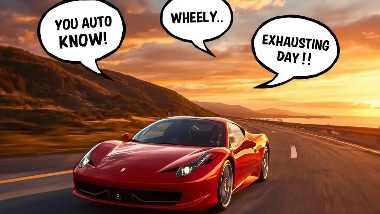 Sleek red sports car driving fast with hilarious original car puns floating in speech bubbles.