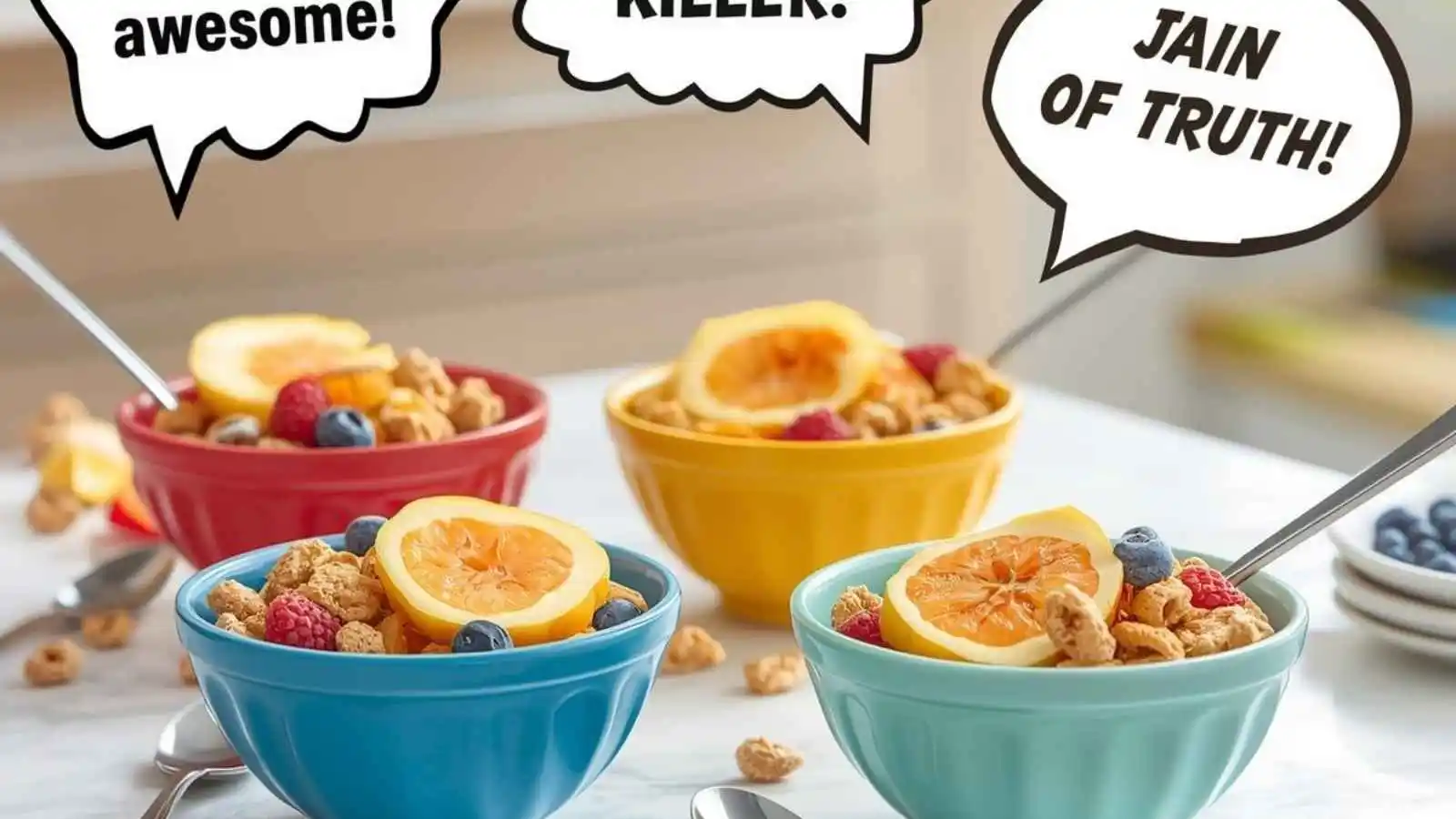 Colorful cereal bowls with milk and fruit, hilarious original puns floating in speech bubbles.