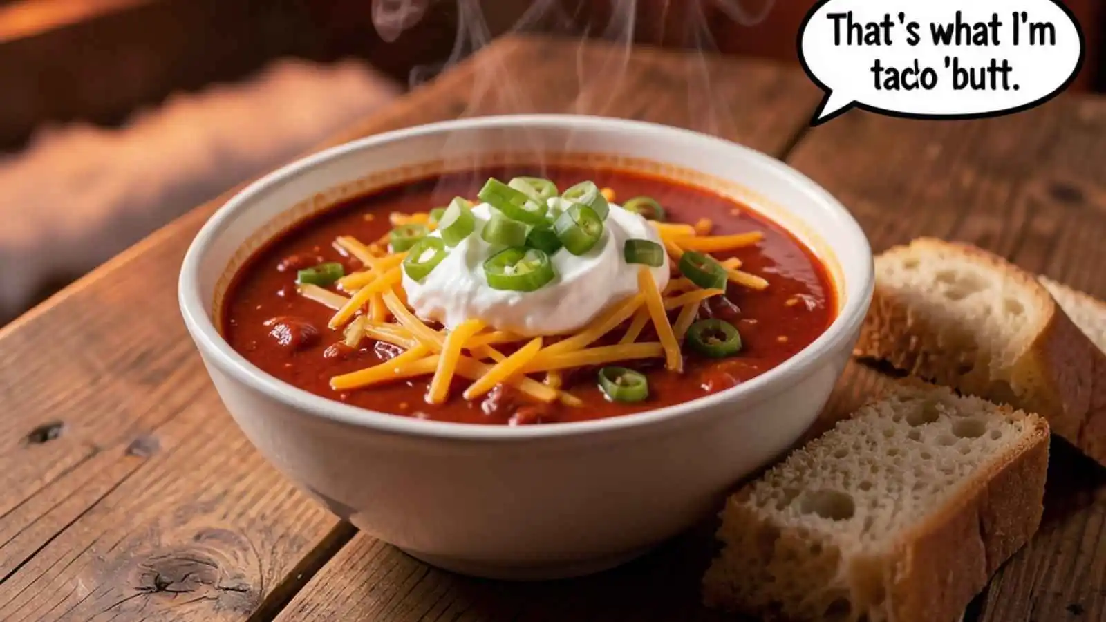 Steaming bowl of hearty chili with hilarious original puns floating in speech bubbles.