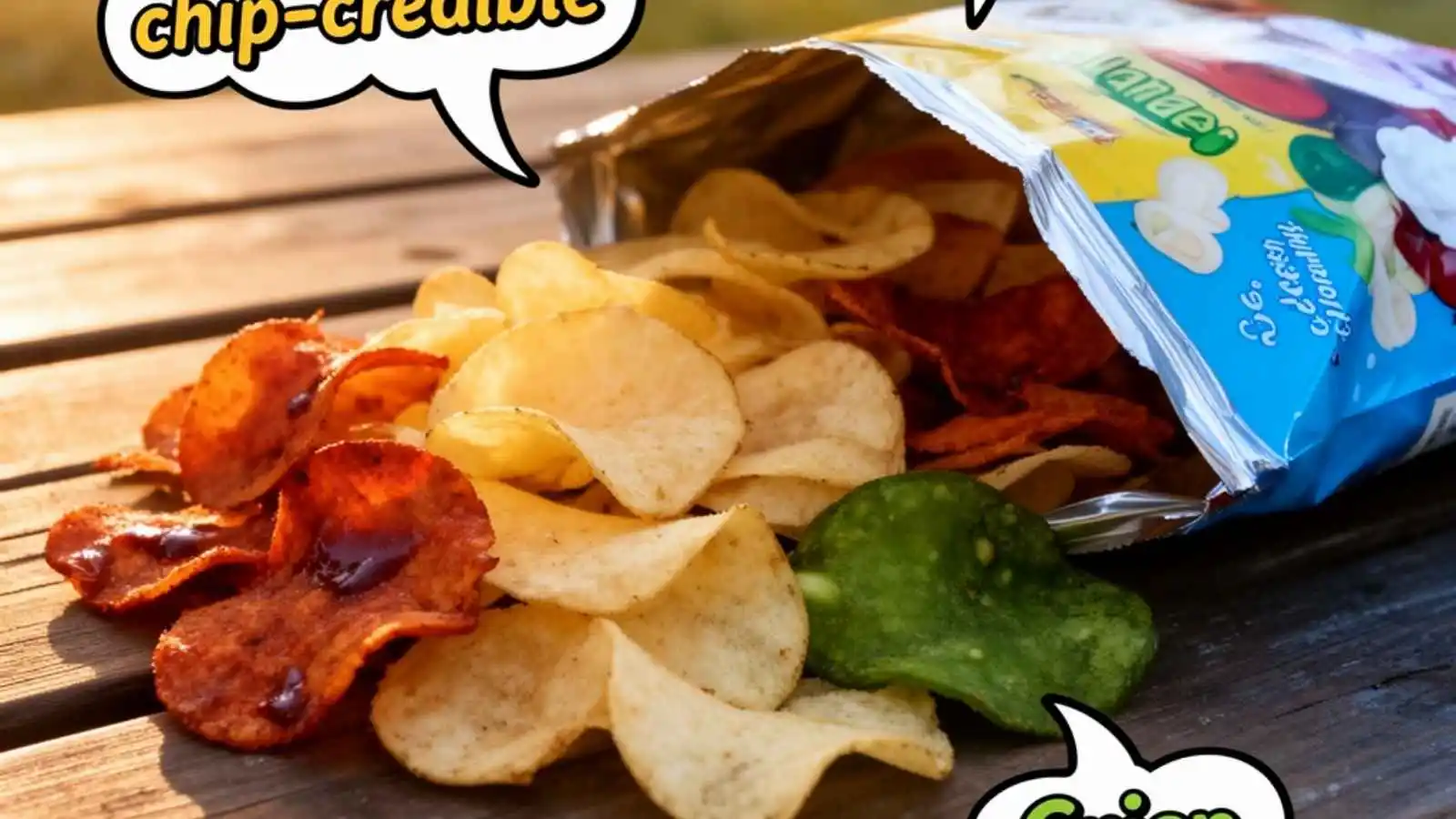 Heap of crispy potato chips with funny original puns floating in speech bubbles.