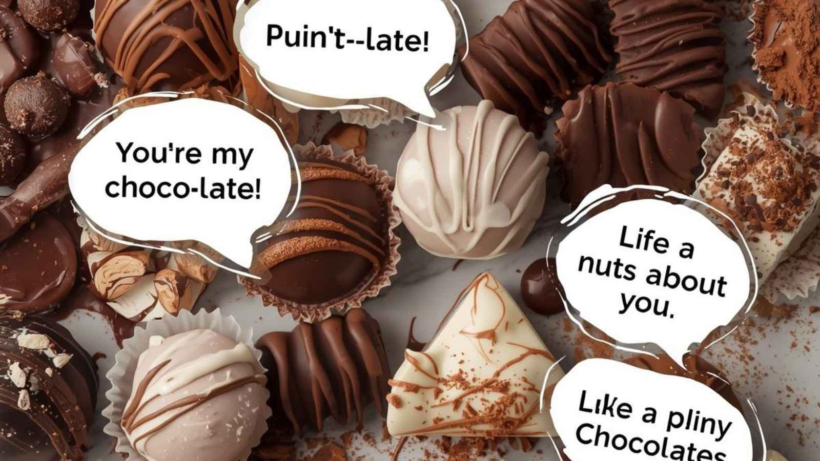 Elegant assortment of chocolates with hilarious original puns floating in speech bubbles.