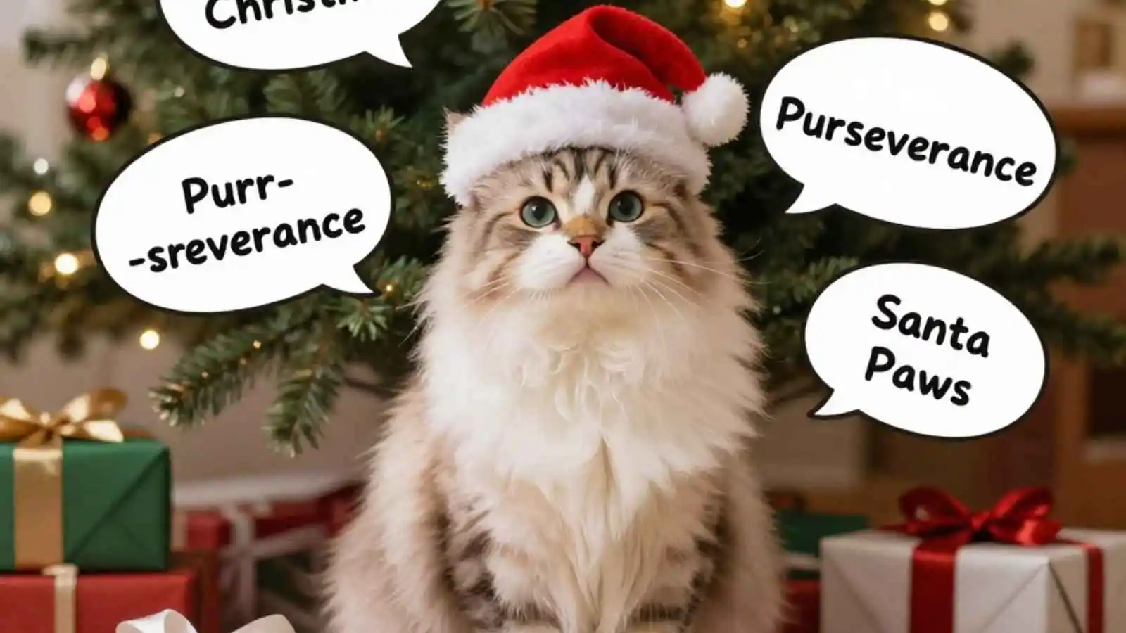 Cute cat in Santa hat surrounded by gifts with hilarious original Christmas cat puns floating in speech bubbles.