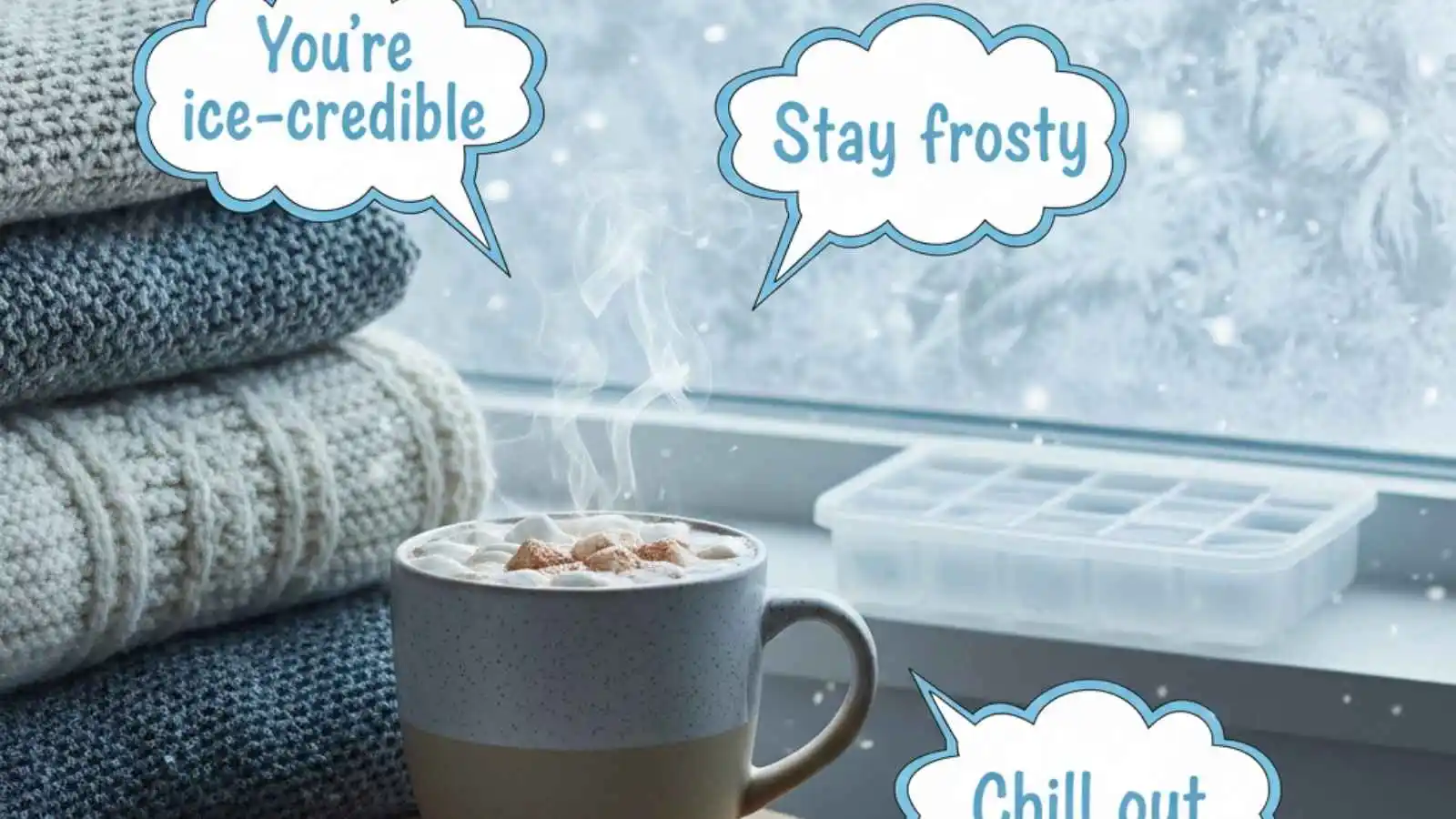 Steaming mug and frosty ice cubes with hilarious original cold puns floating in speech bubbles.
