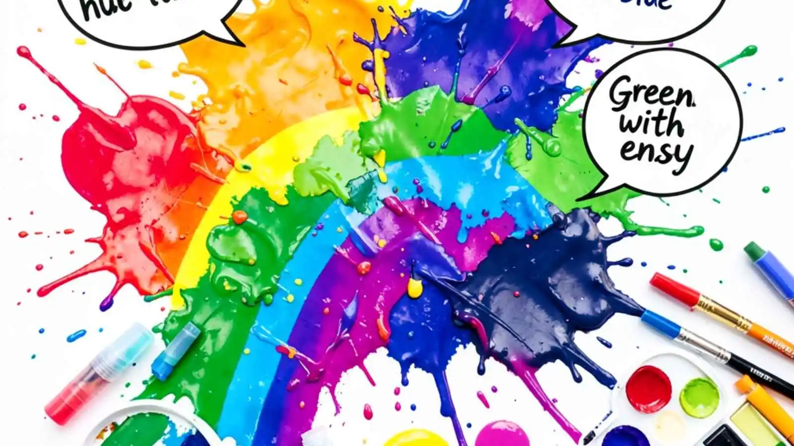 Explosive rainbow of paint colors and markers with hilarious original puns floating in speech bubbles.