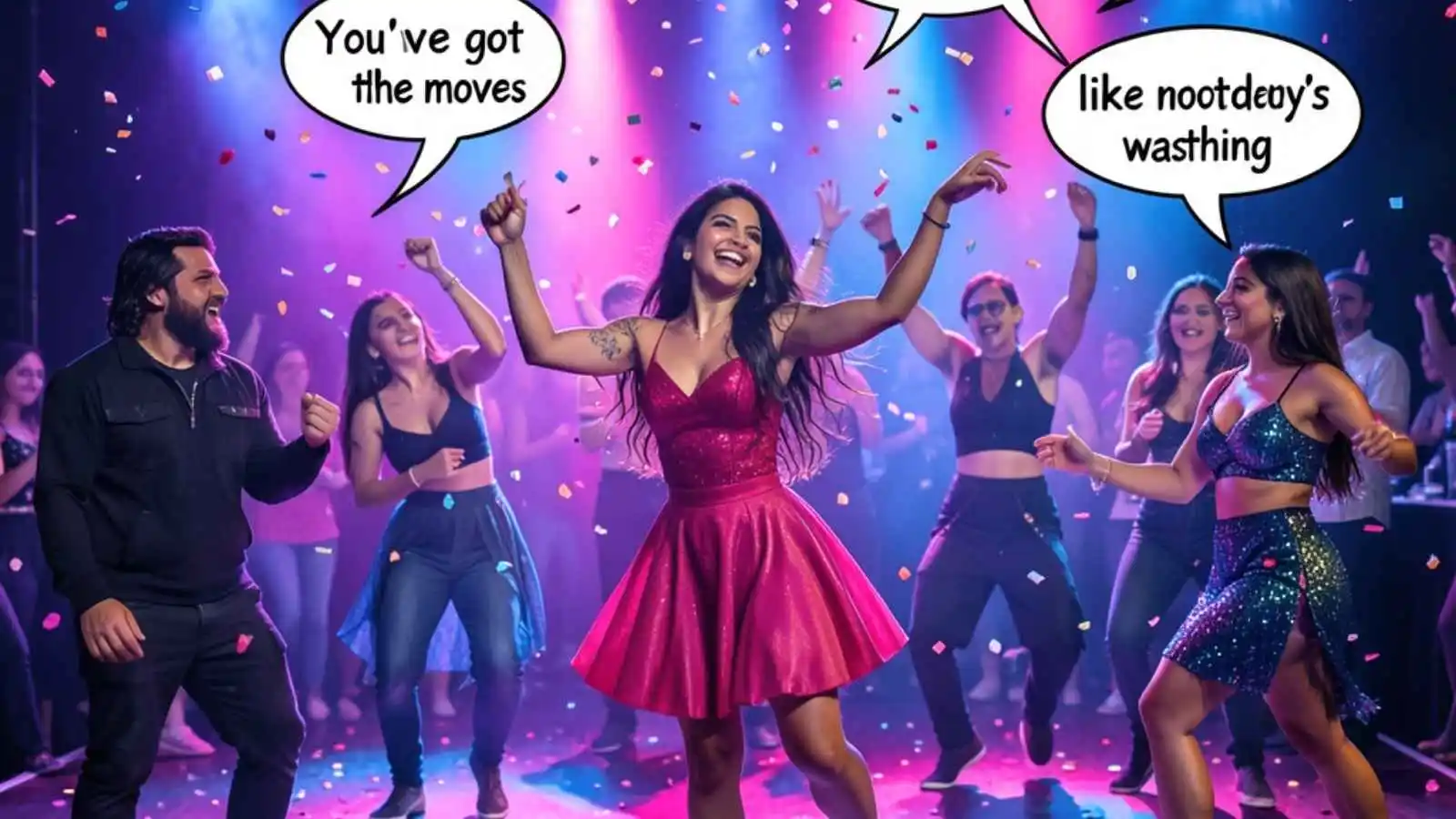 Crowd dancing under colorful lights with hilarious original puns floating in speech bubbles.