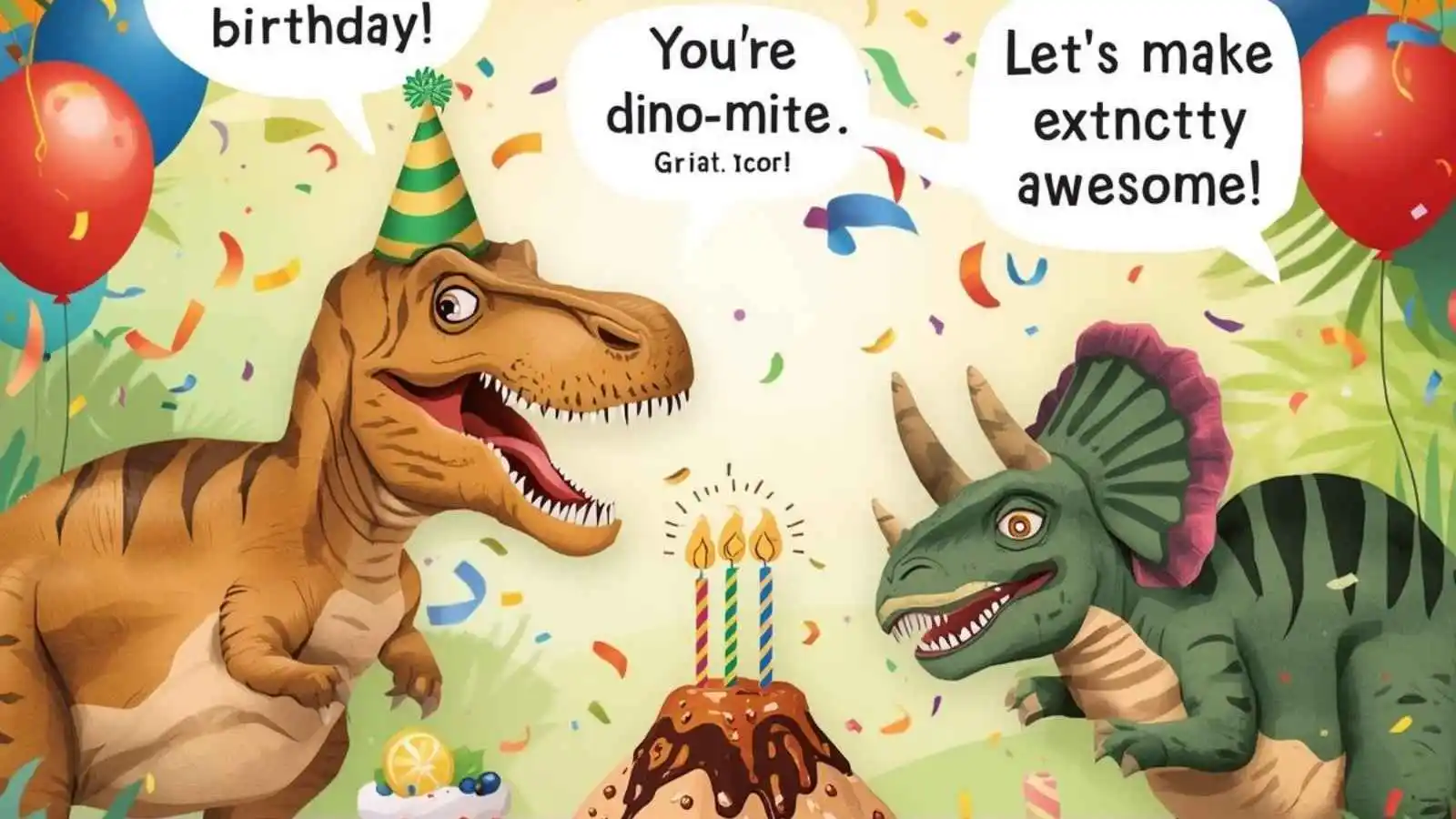Joyful cartoon dinosaurs celebrating a birthday with cake, hats and hilarious pun speech bubbles.