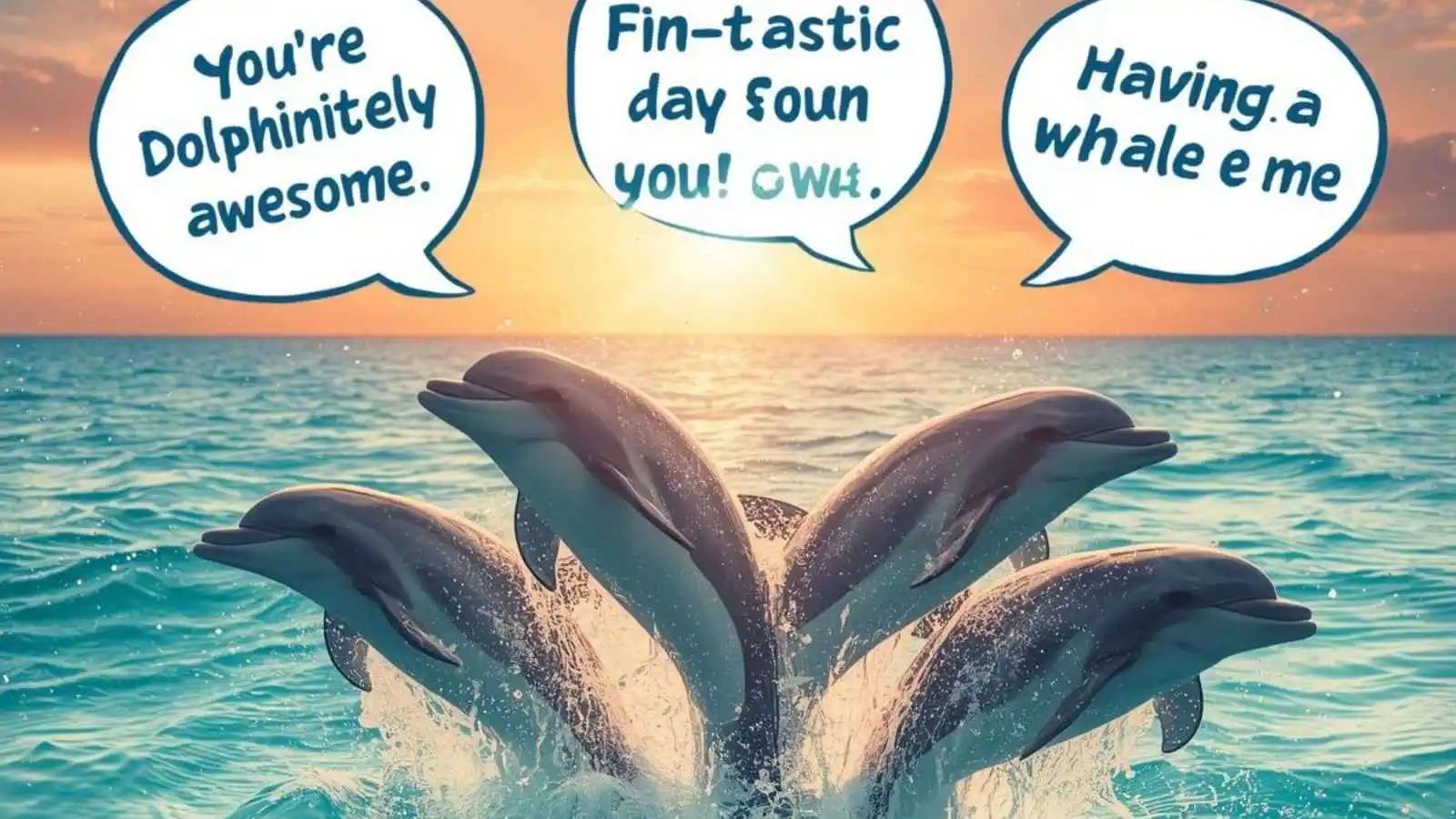 Group of happy dolphins jumping with hilarious original puns floating in speech bubbles.