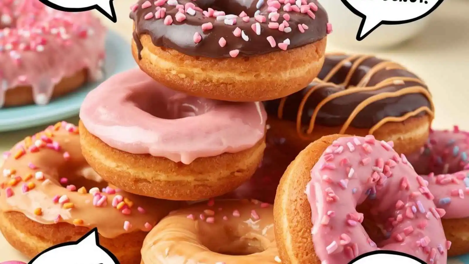 Tower of colorful donuts with sprinkles and glaze, surrounded by hilarious original puns in speech bubbles.