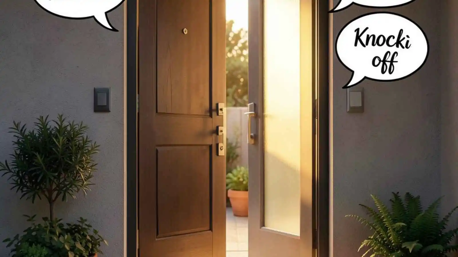 Slightly open elegant front door with hilarious original puns floating in speech bubbles.