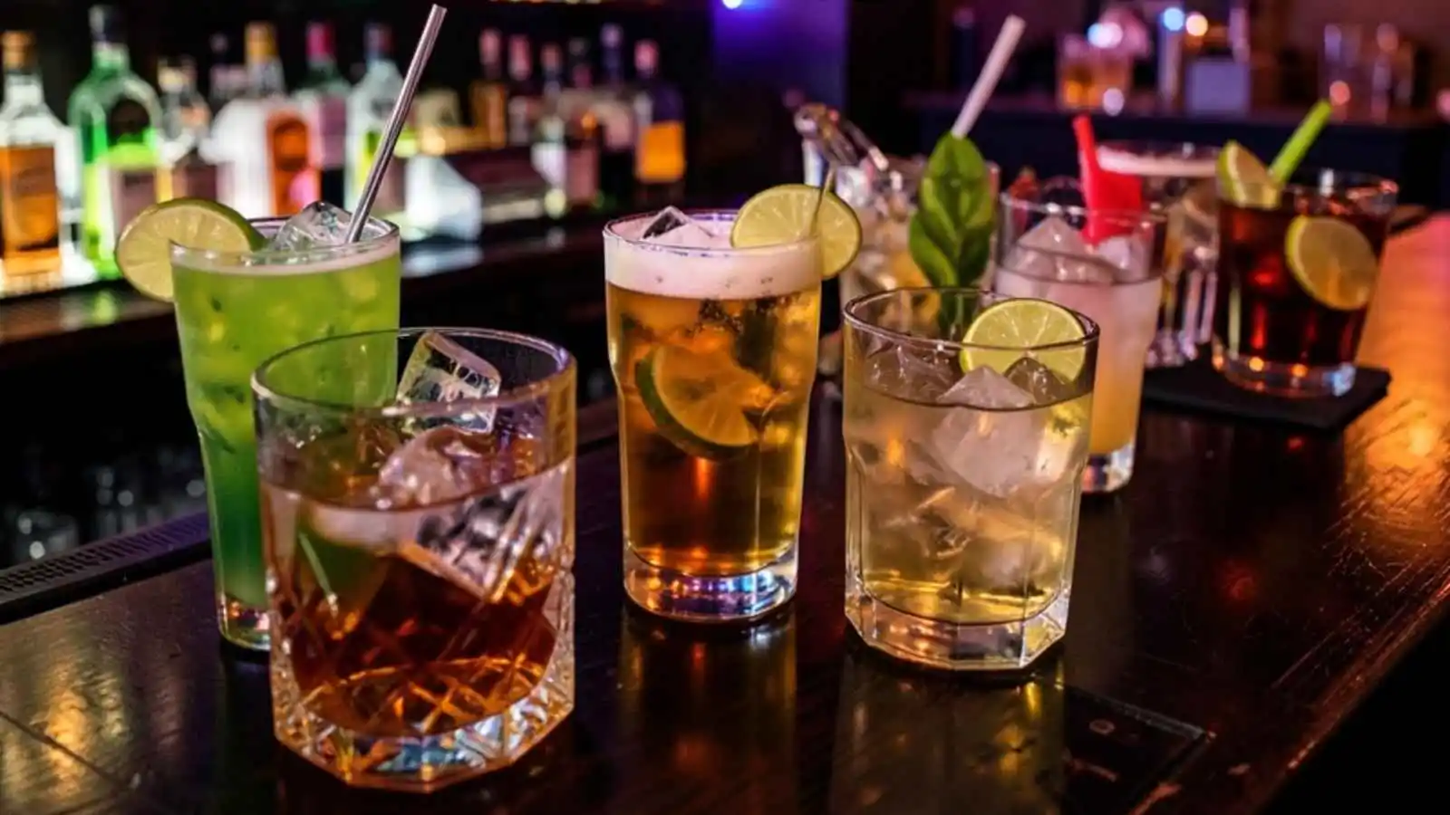 Stylish bar counter with cocktails and hilarious original drinking puns floating in speech bubbles.