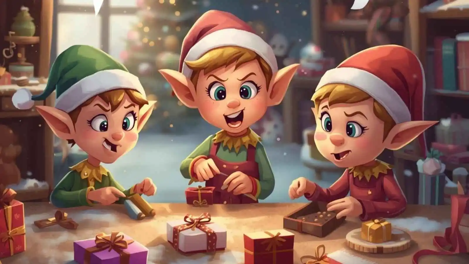 Cheerful elves in a toy workshop with hilarious original puns floating in speech bubbles.