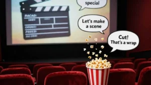 Cozy movie theater with glowing screen and hilarious original film puns floating in speech bubbles.