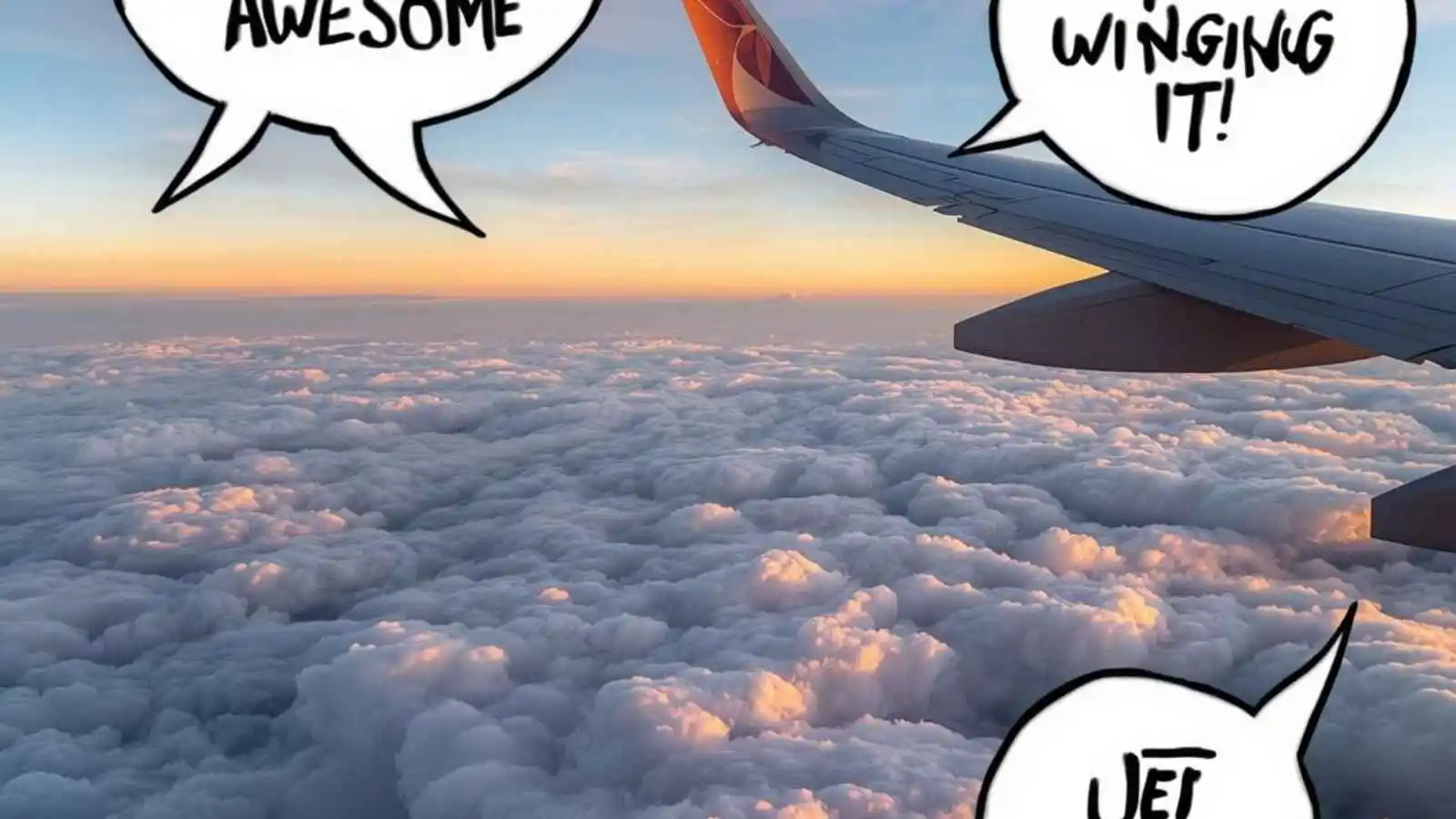 Airplane flying through beautiful clouds with hilarious original flight puns floating in speech bubbles.