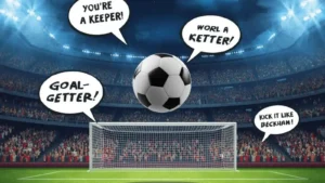 Football soaring toward goal with hilarious original puns floating in speech bubbles.
