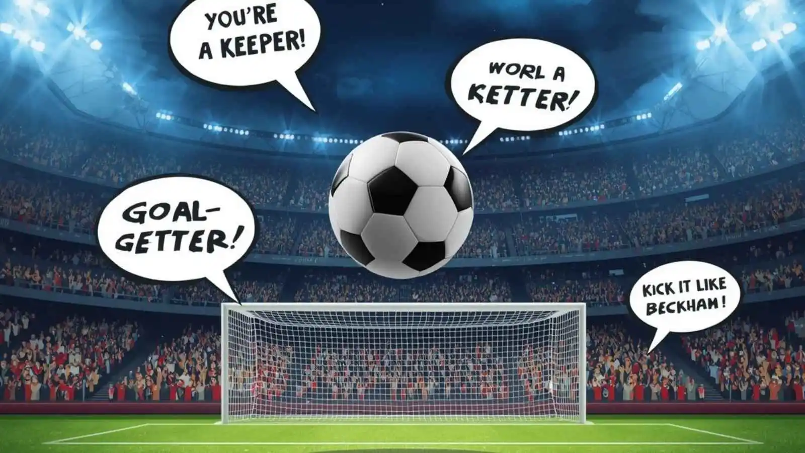 Football soaring toward goal with hilarious original puns floating in speech bubbles.