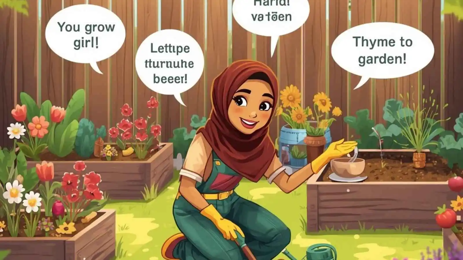 Beautiful backyard garden full of flowers and vegetables with hilarious original puns floating in speech bubbles.