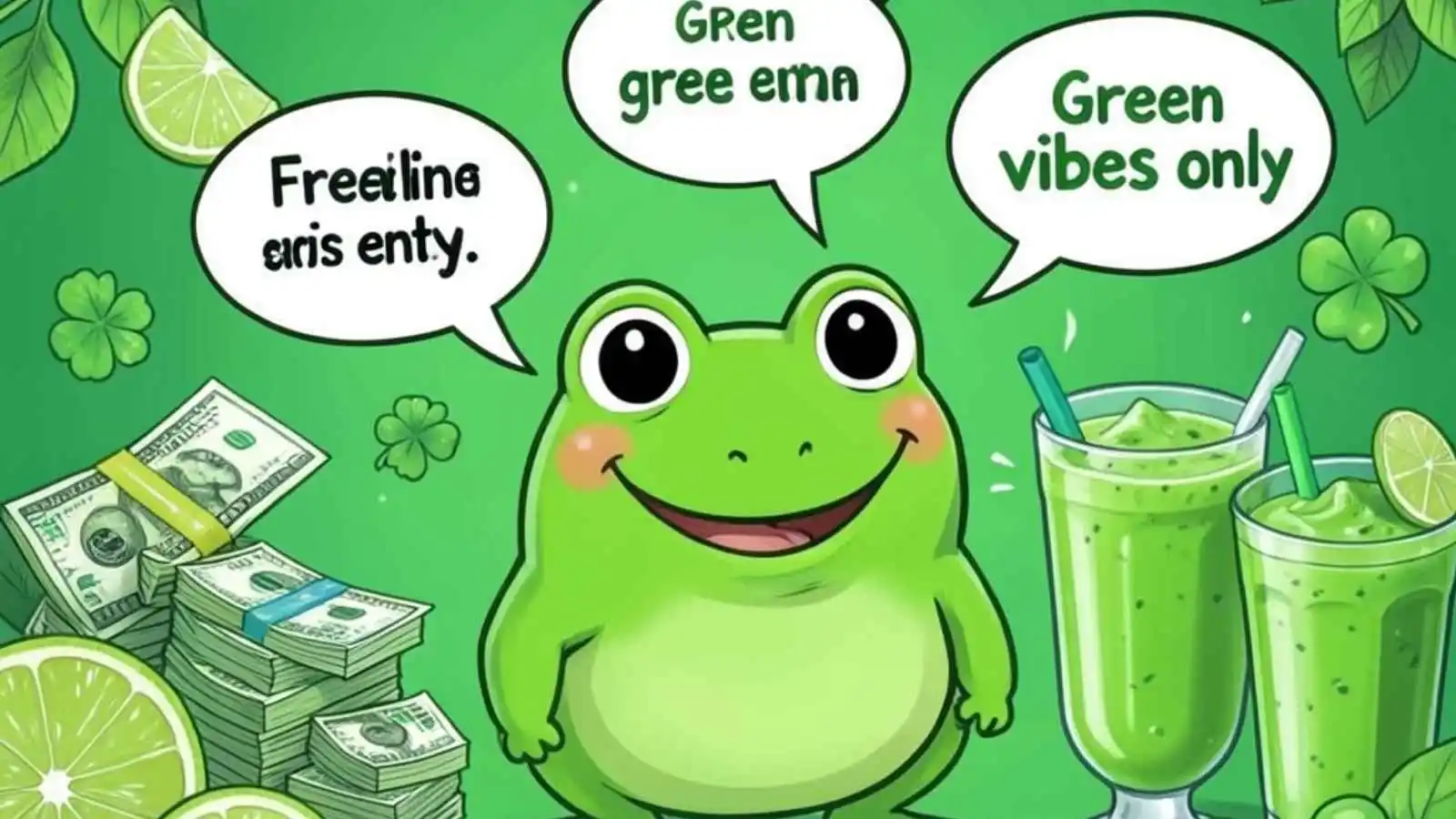 Fresh green leaves, money, lime and shamrocks with hilarious original puns floating in speech bubbles.