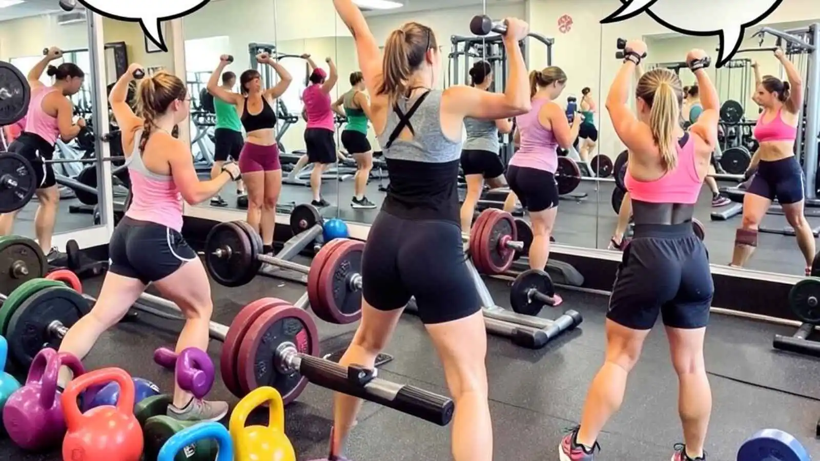 People working out in a modern gym with hilarious original puns floating in speech bubbles.