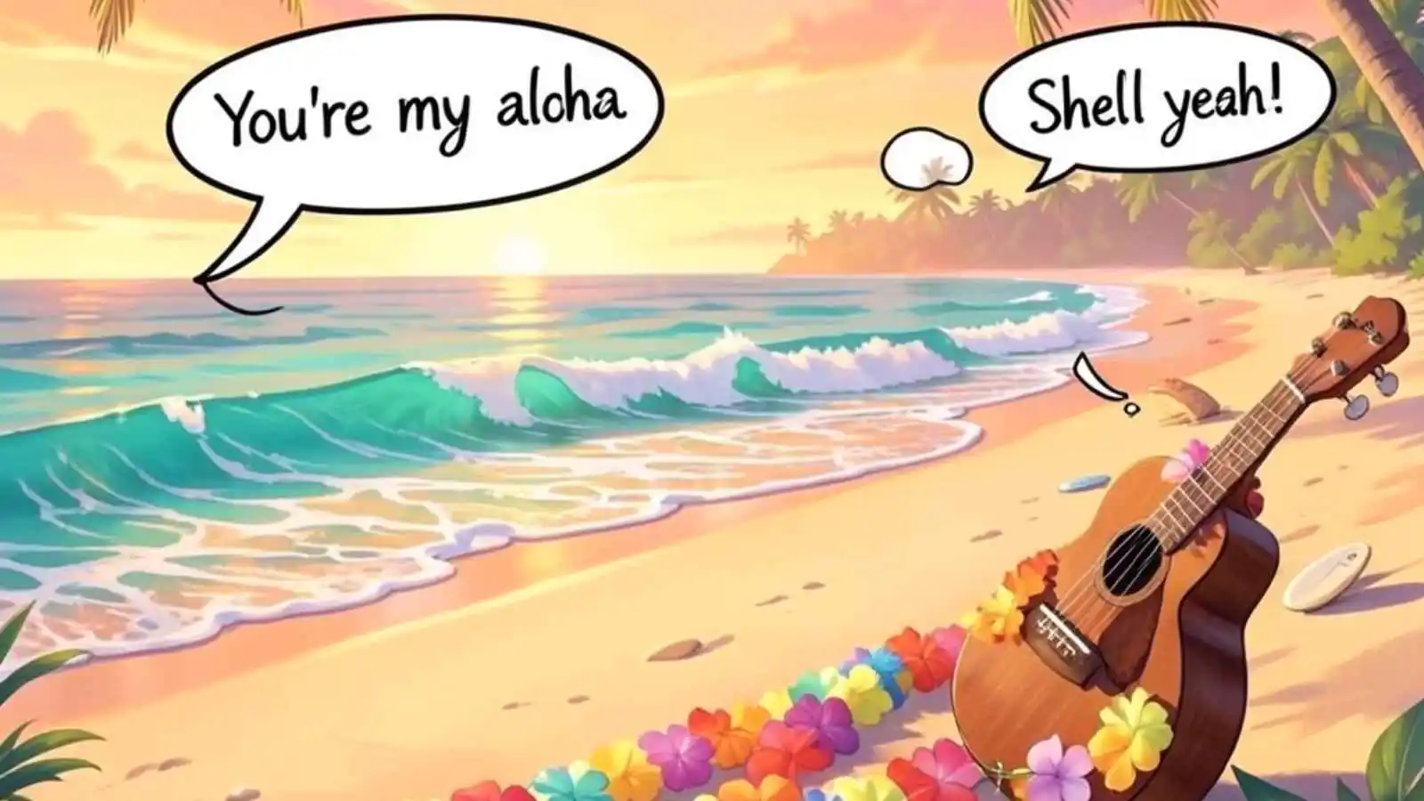 Tropical Hawaiian beach sunset with leis and surfboards and hilarious original puns floating in speech bubbles.