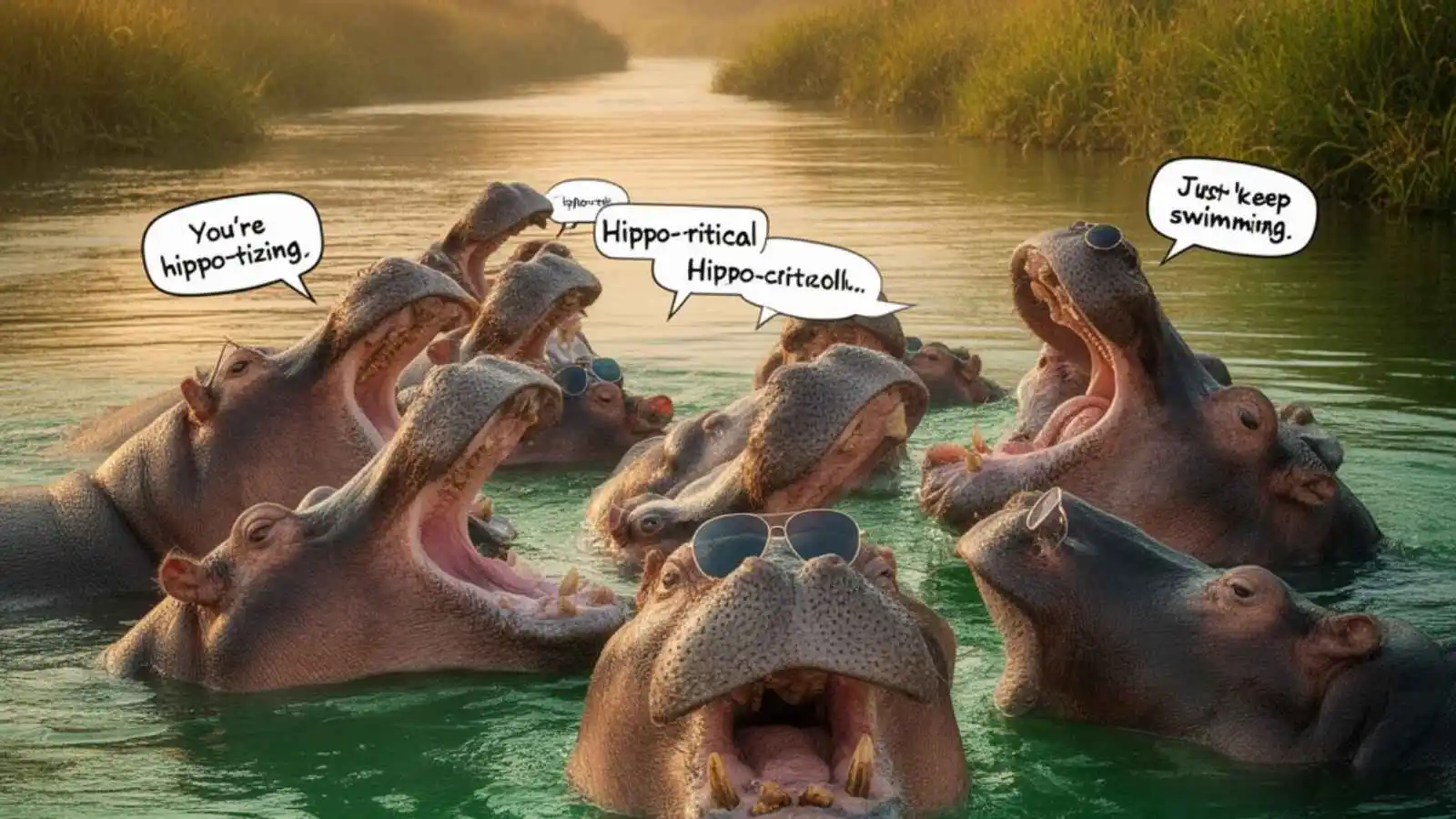 Playful hippos yawning and lounging in a river with hilarious original puns floating in speech bubbles.