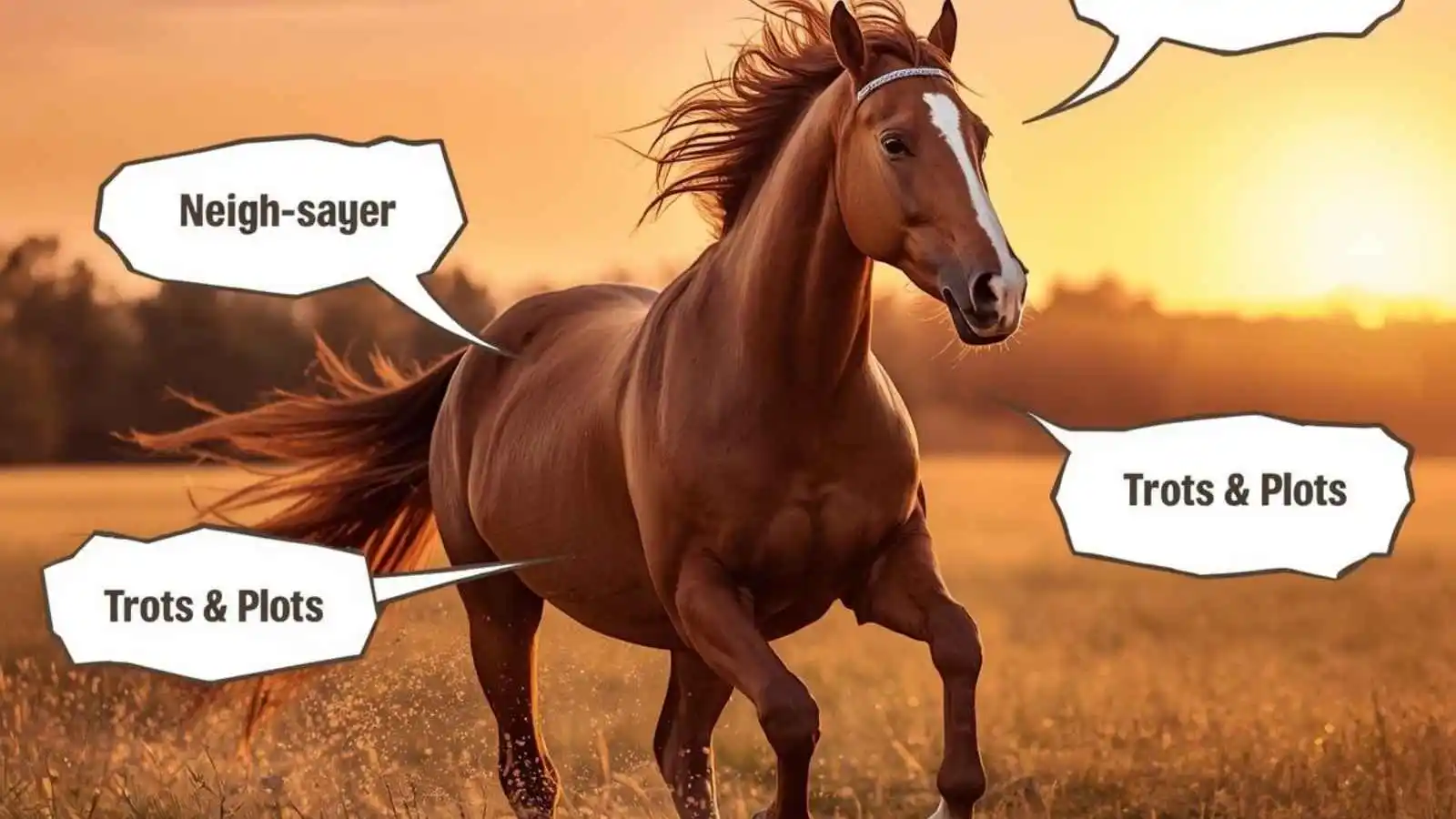 Beautiful galloping horse with hilarious original horse pun names floating in speech bubbles.