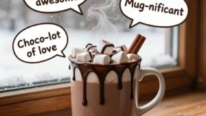 Steamy hot chocolate mug with marshmallows and hilarious original puns floating in speech bubbles.