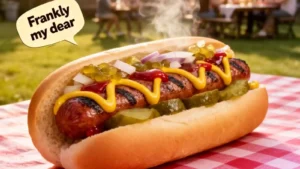 Loaded hot dog with classic toppings and hilarious original puns floating in speech bubbles.