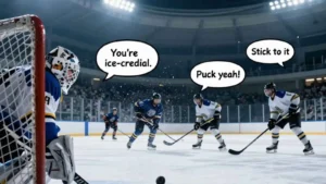 Action-packed hockey rink moment with hilarious original puns floating in speech bubbles.