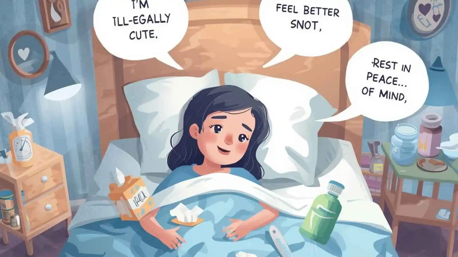 Someone resting in bed with tissues and medicine with funny original ill puns floating in speech bubbles.