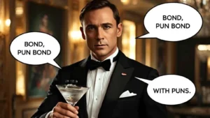 James Bond in tuxedo with martini and hilarious original puns floating in speech bubbles.