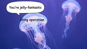 Graceful glowing jellyfish drifting in deep blue water with hilarious original puns floating in speech bubbles.