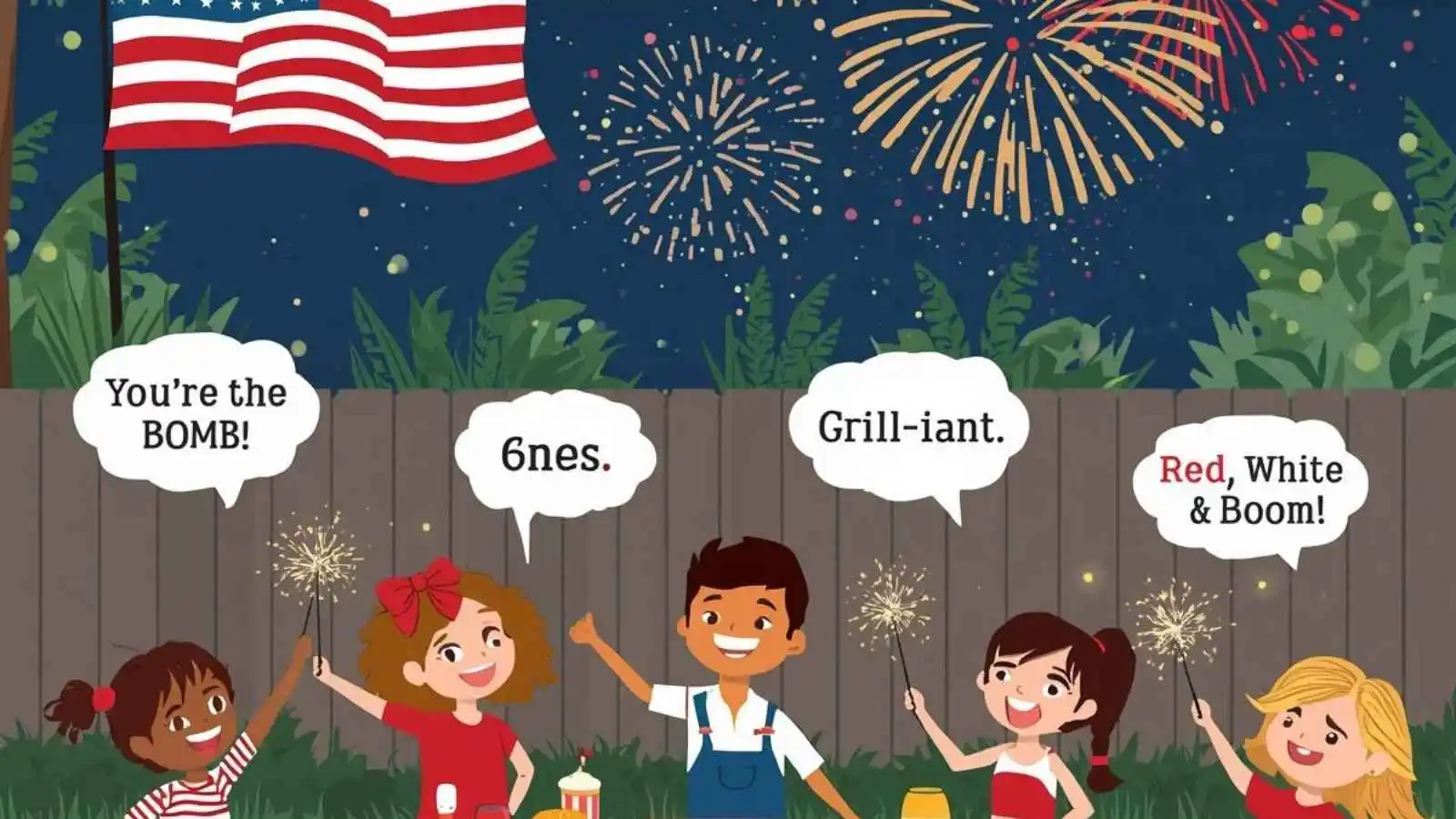 Festive 4th of July BBQ and fireworks scene with hilarious original puns floating in speech bubbles.
