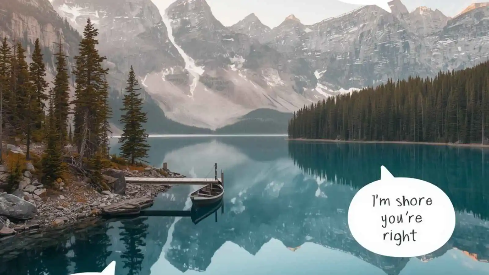 Tranquil mountain lake at dawn with hilarious original puns floating in speech bubbles.