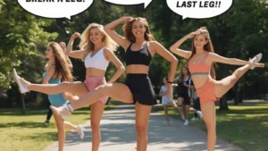 Diverse people showing off legs in fun poses with hilarious original leg puns floating in speech bubbles.