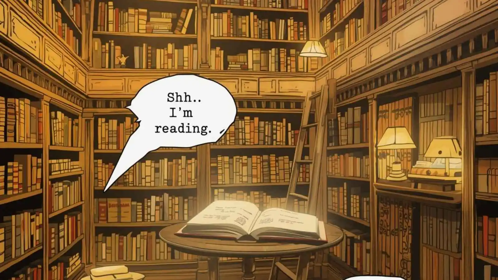 Cozy library interior with stacked books and hilarious original puns floating in speech bubbles.