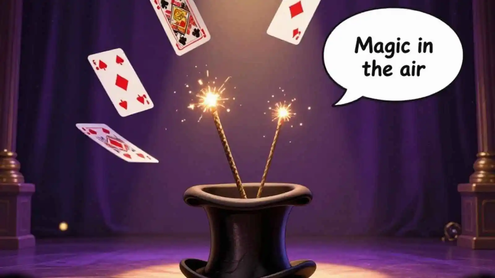 Magician performing with wand, cards and top hat, surrounded by floating original magic puns in speech bubbles.