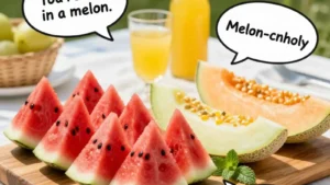 Colorful assortment of sliced melons on a picnic table with hilarious original puns floating in speech bubbles.
