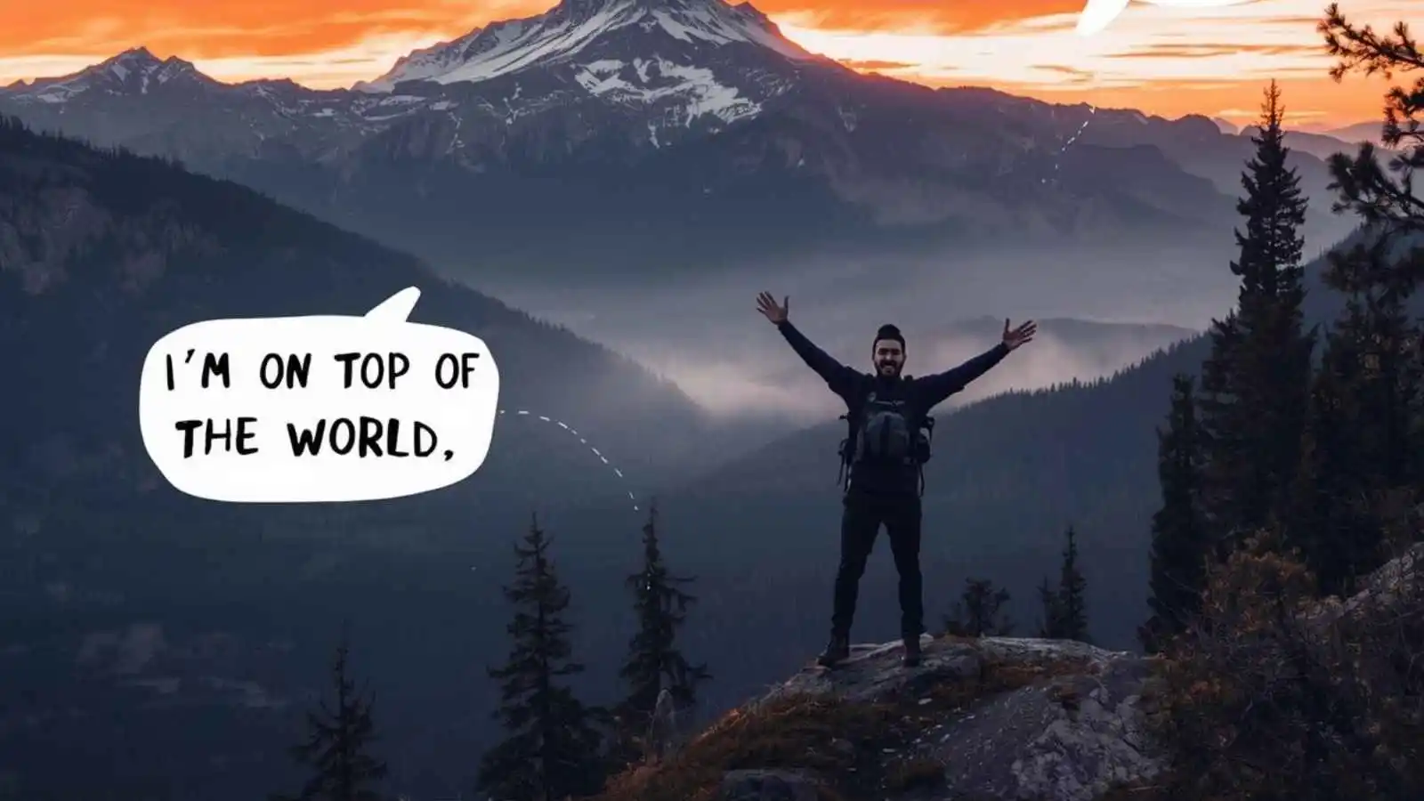 Majestic mountain peak at sunset with hilarious original puns floating in speech bubbles.