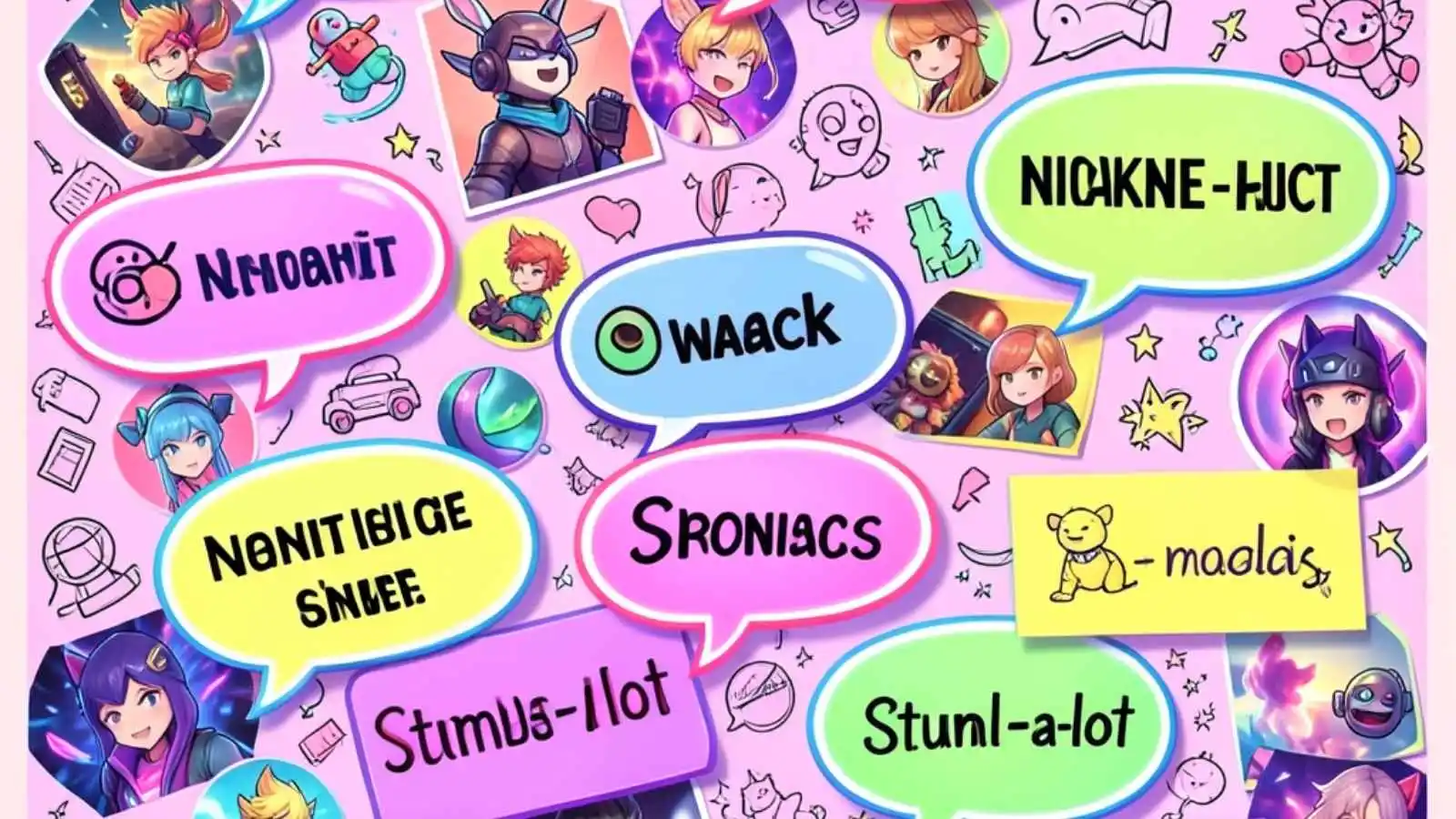 Colorful nickname tags and speech bubbles filled with funny puns and creative name ideas.