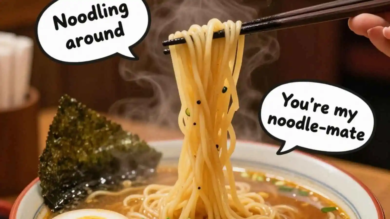 Steamy ramen bowl with noodles being twirled and hilarious original puns floating in speech bubbles.
